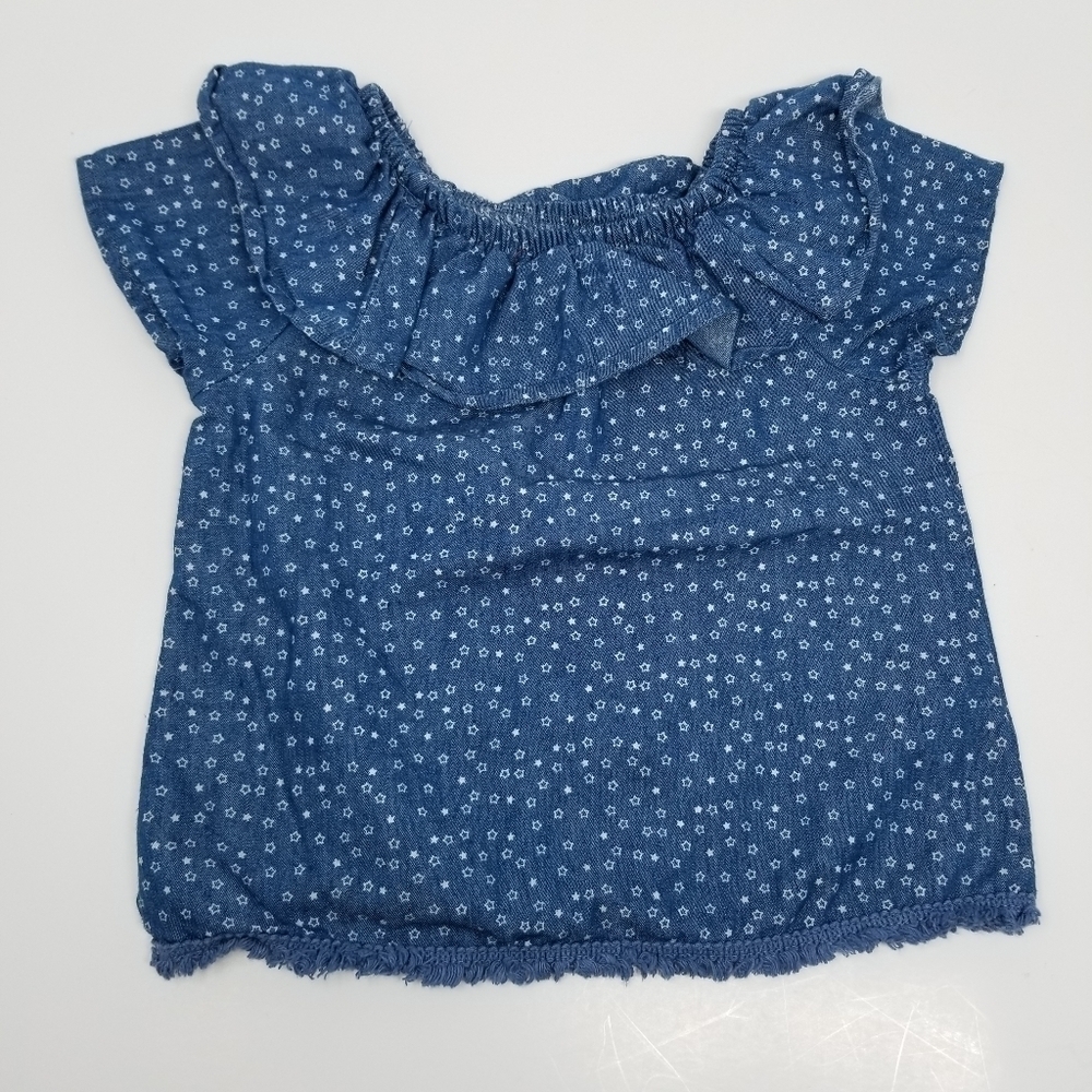 7 For All Mankind Short Sleeve Top 3T & Short 3T Denim Ruffle Fringe Hem Print - Picture 5 of 8